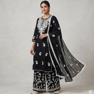 Black Lucknowi Chikankari Kurta Set | 3 Pc Kurta Palazzo Dupatta
